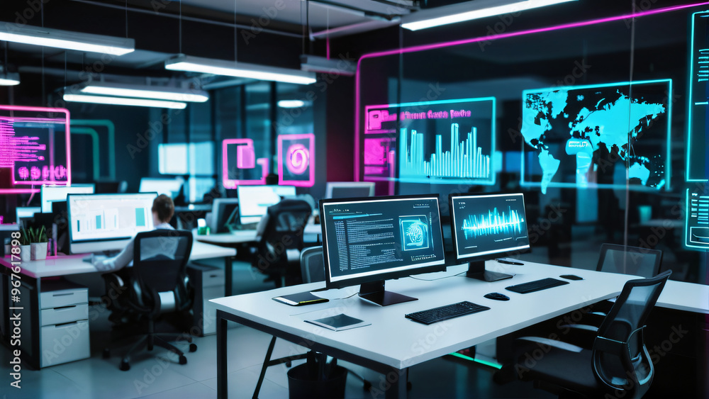 Futuristic modern office technology layout AI future Futuristic modern office technology layout AI future