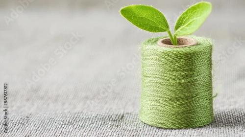 Sustainable fashion, depicting a leaf atop a green yarn cone against a green background, symbolizing sustainability.