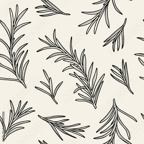 Line art rosemary branches seamless pattern