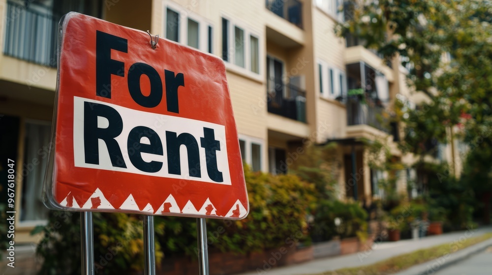 Red For Rent Sign In Front of Apartment Building Red For Rent Sign In Front of Apartment Building