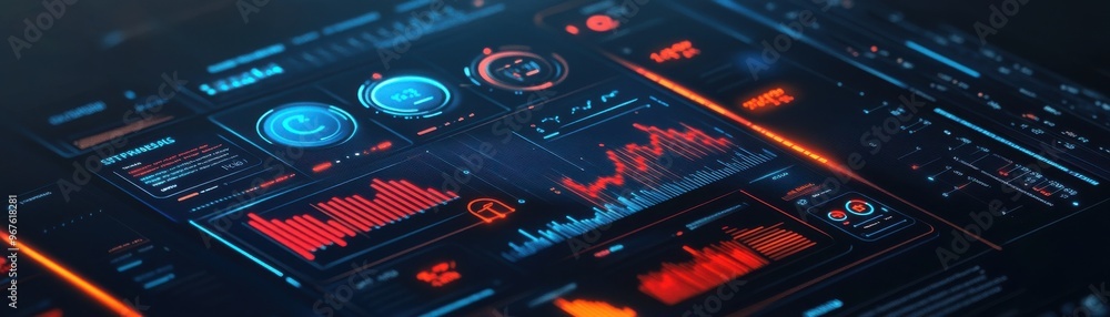 Futuristic data visualization interface featuring graphs, charts, and metrics for advanced analytics. Futuristic data visualization interface featuring graphs, charts, and metrics for advanced analytics.