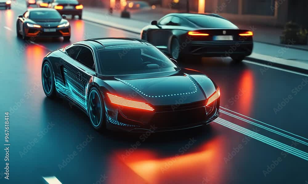 Futuristic Car Driving on a Highway Futuristic Car Driving on a Highway