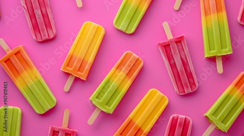 A vivid backdrop of hot pink or neon green features multiple popsicles, leaving space for text. 