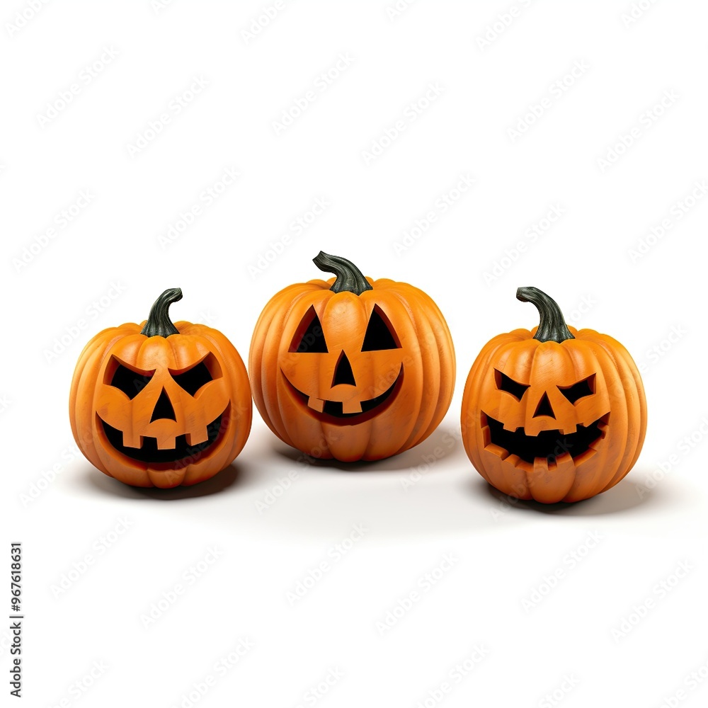 Three Smiling Pumpkins Featuring a Detailed Carved Faces isolated on white background. A cheerful jack lanterns for Halloween decorations and seasonal celebrations Three Smiling Pumpkins Featuring a Detailed Carved Faces isolated on white background. A cheerful jack lanterns for Halloween decorations and seasonal celebrations