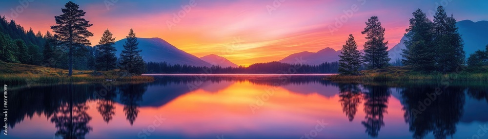 Fototapeta premium A colorful sunset reflected in a calm lake, with silhouettes of trees and mountains in the distance