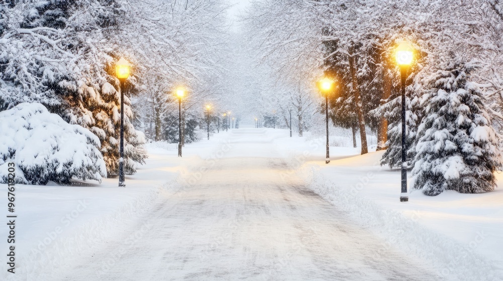 A peaceful road blanketed in fresh snow winds through a forest at sunset, flanked by glowing street lamps and tall trees, creating a tranquil winter atmosphere A peaceful road blanketed in fresh snow winds through a forest at sunset, flanked by glowing street lamps and tall trees, creating a tranquil winter atmosphere