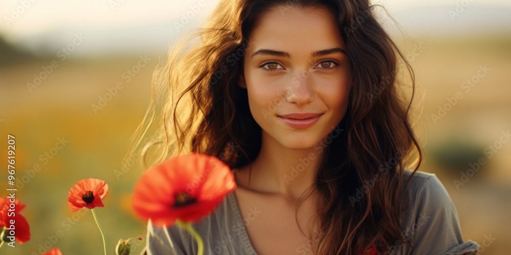 Naklejka premium Young woman in a vintage dress holding a red poppy flower up to her face in a vibrant field of poppies. Generative AI.