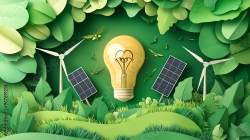 Solar panels and windmills residing inside a light bulb illustrate the green energy concept. Represents ecology and renewable energy.