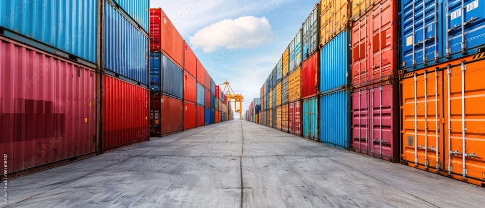 Fototapeta premium A large number of containers are stacked in a row, with some of them being blue