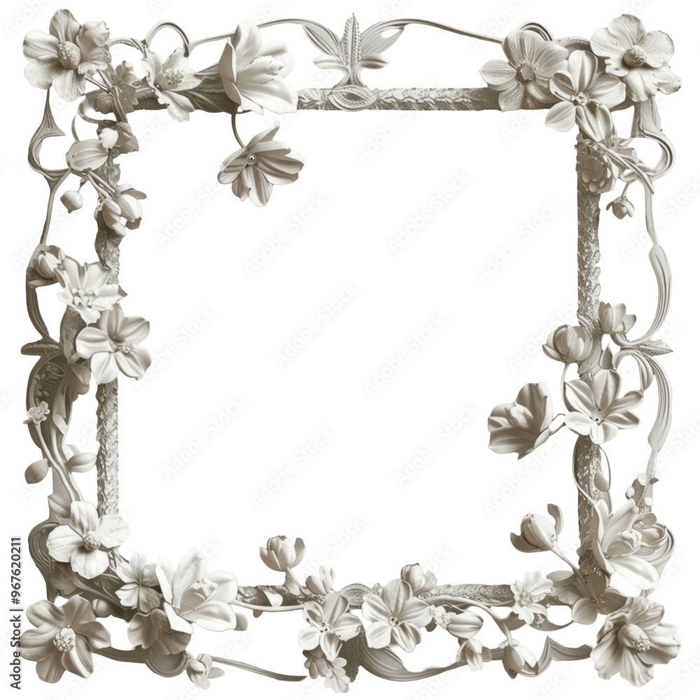 Naklejka premium Elegant white floral frame three dimensional shape isolated on png background.