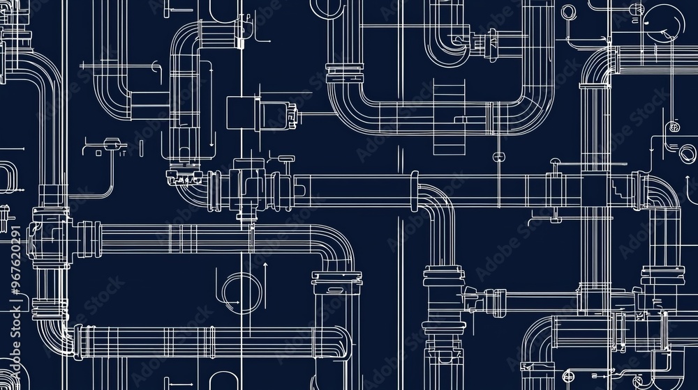 The industrial seamless pattern was created by combining white piping on a blue background with line art illustrations of water, gas, and oil. The industrial seamless pattern was created by combining white piping on a blue background with line art illustrations of water, gas, and oil.