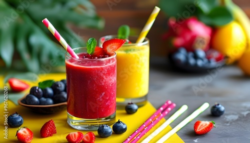 Vibrant summer smoothies in red and yellow with fresh fruit garnishes and colorful straws, ideal for a healthy lifestyle refreshment photo