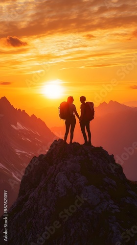 A couple hiking on the top of a mountain, with the sunrise in the background