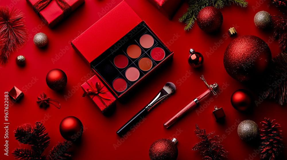 A red background with a red box and makeup on it. A red background with a red box and makeup on it.