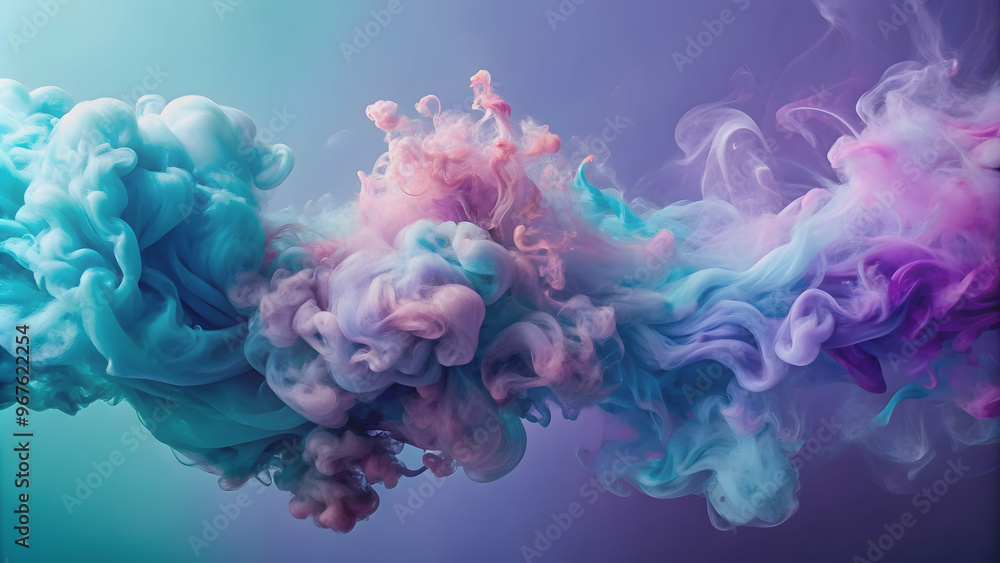 Fototapeta premium Aqua smoke swirling in a symphony of colors against a backdrop of soft lavender and powder blue, Aqua, smoke, swirling