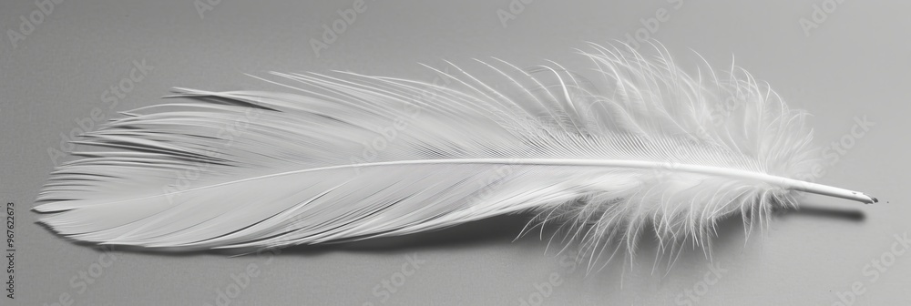Obraz premium Single White Feather on Gray Background, Minimalist Composition with Delicate Soft Lighting