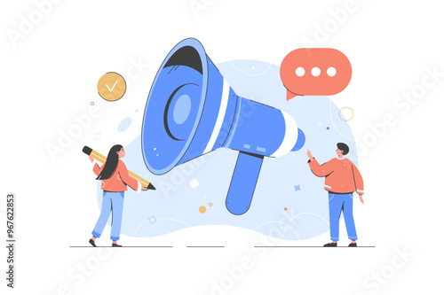 Public relation, digital marketing and media concept. Flat cartoon Vector illustration. Social media promotion. Characters using big loudspeaker to communicate with audience