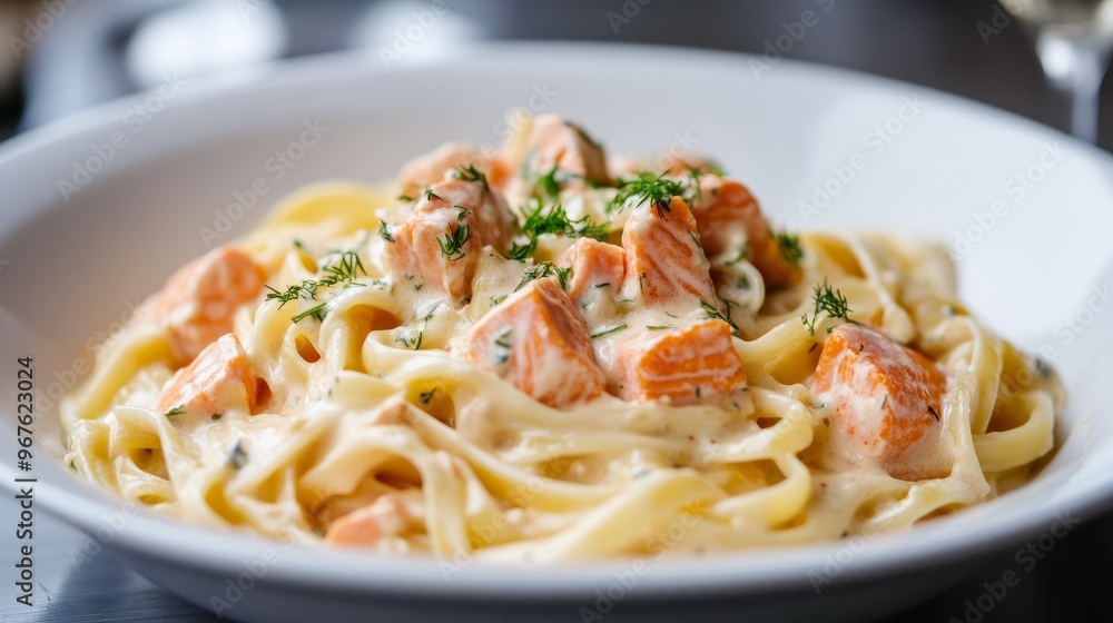 A creamy salmon pasta dish with a light dill sauce, garnished with parsley and served in a white bowl for a simple yet elegant meal. A creamy salmon pasta dish with a light dill sauce, garnished with parsley and served in a white bowl for a simple yet elegant meal.