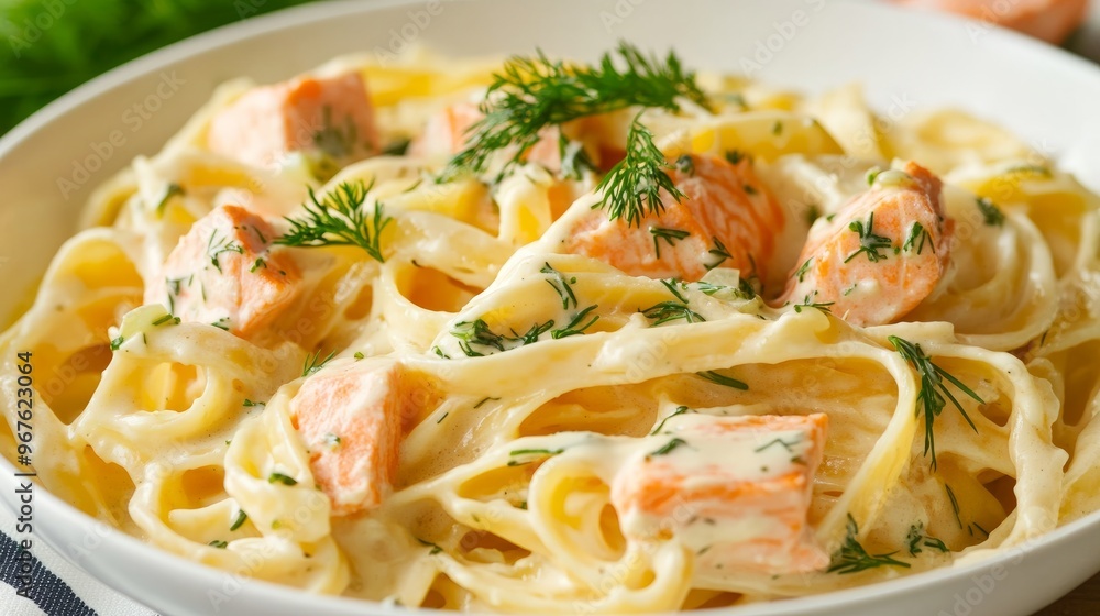 A creamy salmon pasta dish with a light dill sauce, garnished with parsley and served in a white bowl for a simple yet elegant meal. A creamy salmon pasta dish with a light dill sauce, garnished with parsley and served in a white bowl for a simple yet elegant meal.