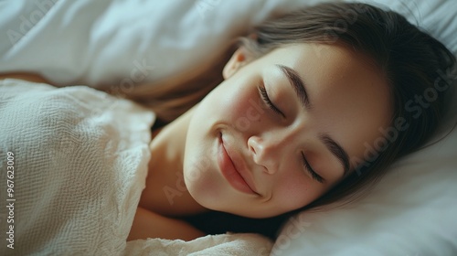 beautiful woman sleeping and snoring peacefully in bed at home during a restful night with cozy bedding and comfort