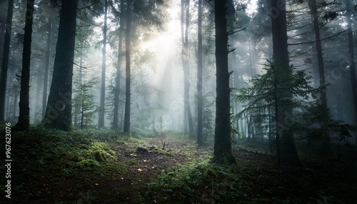 mysterious dark forest with fog and sunlight