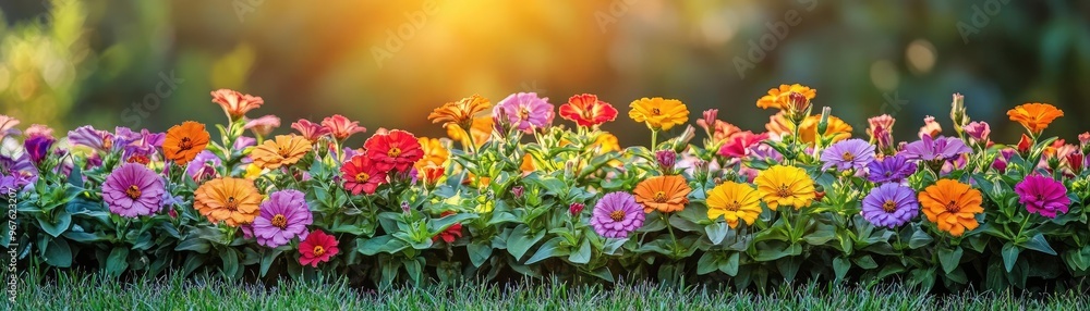 A garden scene featuring colorful zinnias, petunias, and snapdragons in full bloom