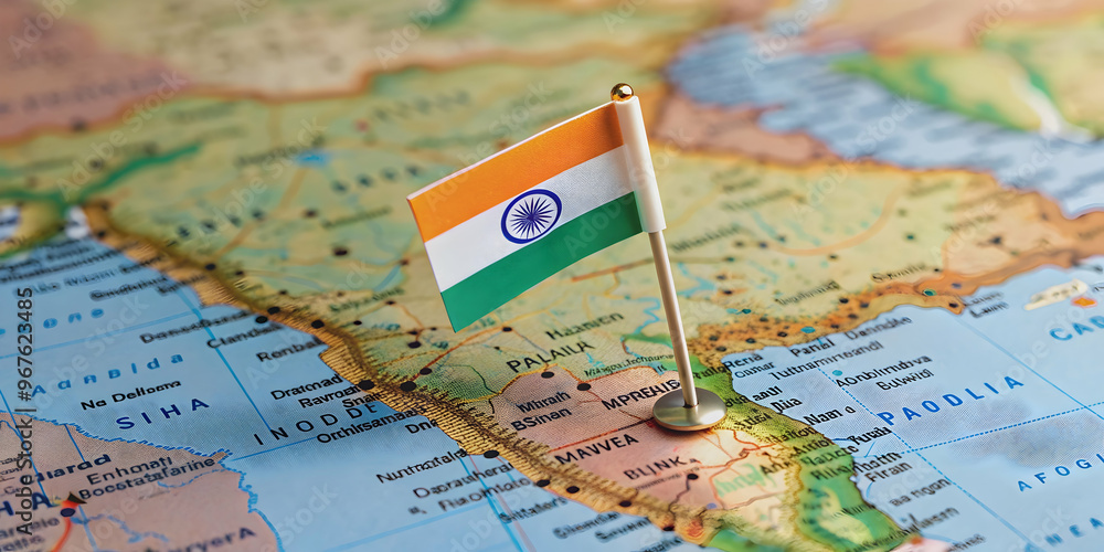 Naklejka premium of map of India with flag pin , India, travel, map, flag, pin, destination, tourism, national, symbol, landmark