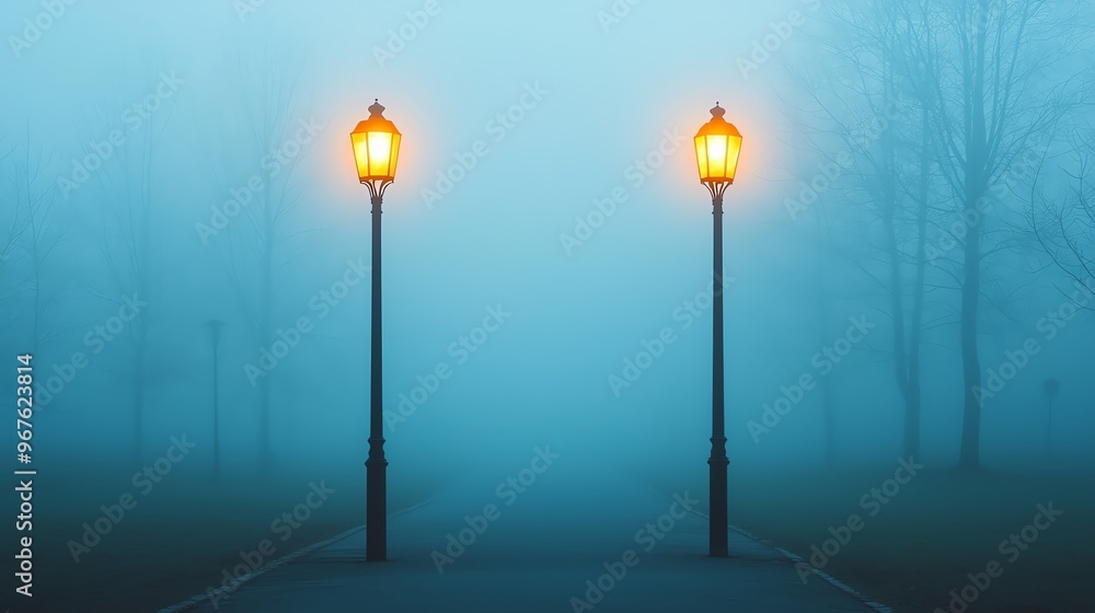 Glowing street lamps in a misty park at dawn, creating a serene atmosphere, early morning glowtime, calm and peaceful Glowing street lamps in a misty park at dawn, creating a serene atmosphere, early morning glowtime, calm and peaceful
