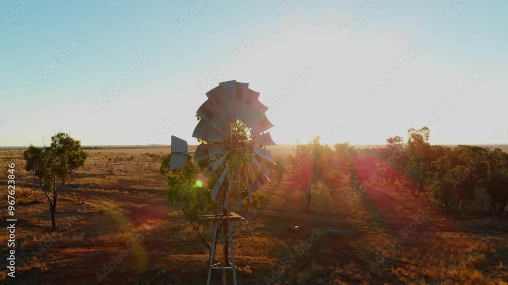 Aerial view of an old windmill at sunset in the dry outback landscape, Emerald, Queensland, Australia.