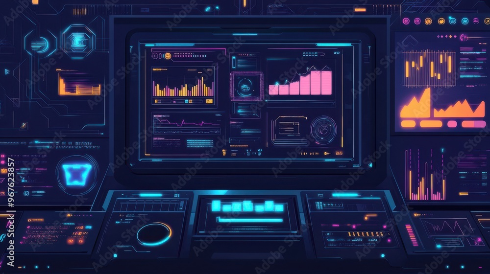 Futuristic interface displaying data analytics, graphs, and metrics in vibrant colors, ideal for technology and innovation themes. Futuristic interface displaying data analytics, graphs, and metrics in vibrant colors, ideal for technology and innovation themes.