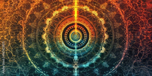 A hypnotic, swirling mandala in bright rainbow colors with intricate line work and patterns, symbolizing spiritual enlightenment and self-discovery