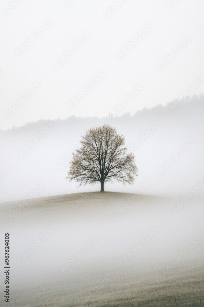 Fototapeta premium A solitary tree in a vast, foggy field, with the rest of the landscape fading into a soft, white void. 