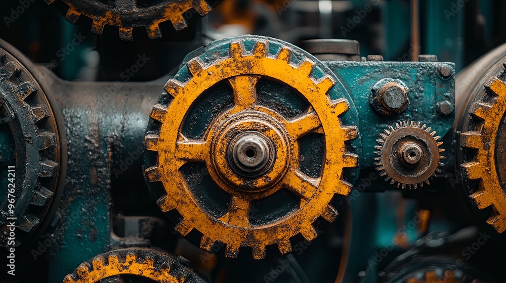Close-up of a Rusty Industrial Gear with Yellow Paint Close-up of a Rusty Industrial Gear with Yellow Paint