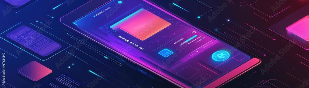 Futuristic smartphone design with vibrant colors and digital interface showcasing modern technology and innovation. Futuristic smartphone design with vibrant colors and digital interface showcasing modern technology and innovation.