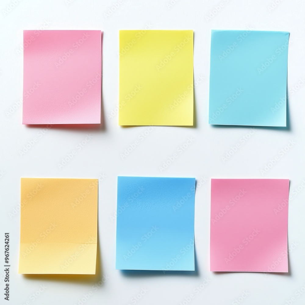The set consists of yellow, green, blue, and pink paper sticky notes vertically glued on a transparent background The set consists of yellow, green, blue, and pink paper sticky notes vertically glued on a transparent background