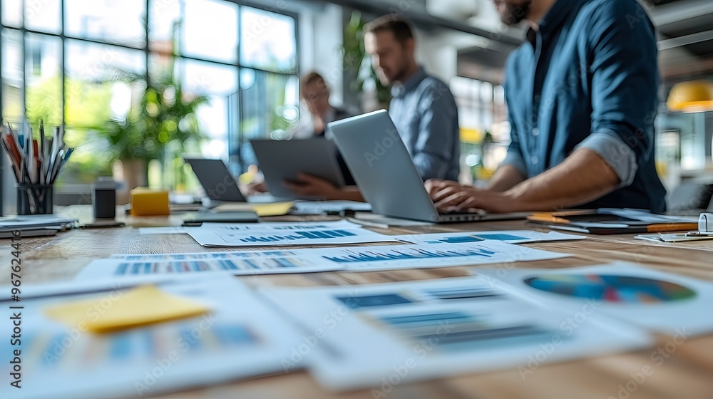Fototapeta premium A business team brainstorming ideas in a modern office, using laptops and documents to strategize for success, emphasizing teamwork and professional collaboration.