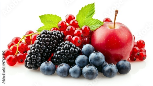 A luxurious arrangement of different types of berries and fruits like blackberries, red currants, blueberries, and apples, each with a glossy, sticker-style look, isolated on a white background