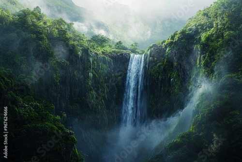 Majestic waterfall cascading over a rocky cliff in a lush, green forest, mist rising in the air, serene and powerful natural scene