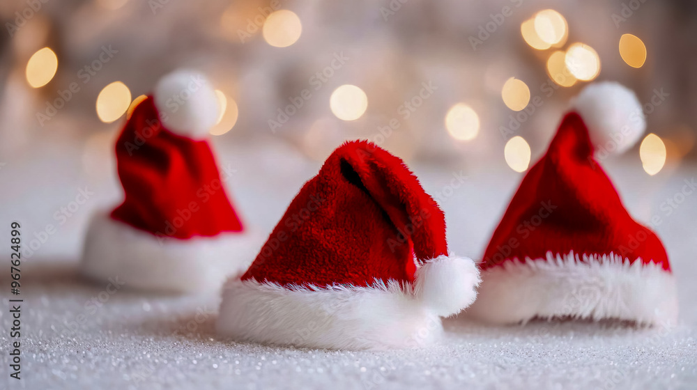Red Santa hats with white pom-poms on a white surface. Red Santa hats with white pom-poms on a white surface.