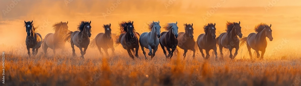 A herd of wild horses galloping across a grassy plain, their manes flowing in the wind as they move in unison A herd of wild horses galloping across a grassy plain, their manes flowing in the wind as they move in unison