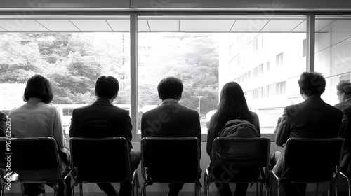 Candidates seated in a waiting area, wearing business attire, anxiously waiting for their turn in job interviews.