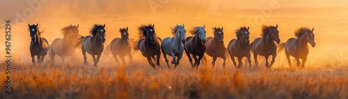 A herd of wild horses galloping across a grassy plain, their manes flowing in the wind as they move in unison