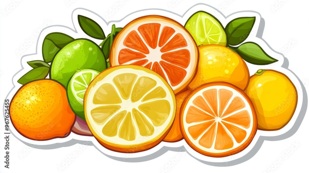 A luxurious sticker-style arrangement of assorted citrus fruits like oranges, tangerines, lemons, and limes, each with a glossy peel and juicy segments, isolated on a white background A luxurious sticker-style arrangement of assorted citrus fruits like oranges, tangerines, lemons, and limes, each with a glossy peel and juicy segments, isolated on a white background