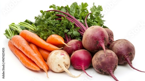 A luxurious grouping of root vegetables like carrots, beets, radishes, and turnips, with glossy skins and vibrant greens, isolated on a white background photo