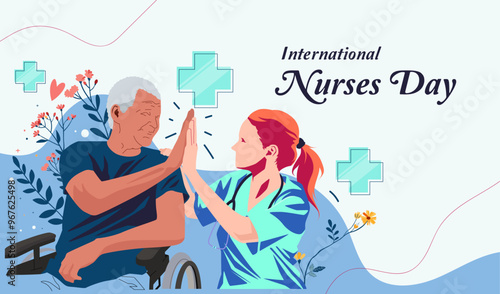 International Nurses Day. Showing illustrations of nurses and elderly patients. concept design for health clinics, patient care and nursing homes