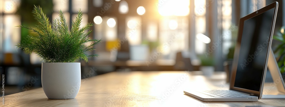 A Plant and Laptop on a Wooden Desk in a Modern Office A Plant and Laptop on a Wooden Desk in a Modern Office