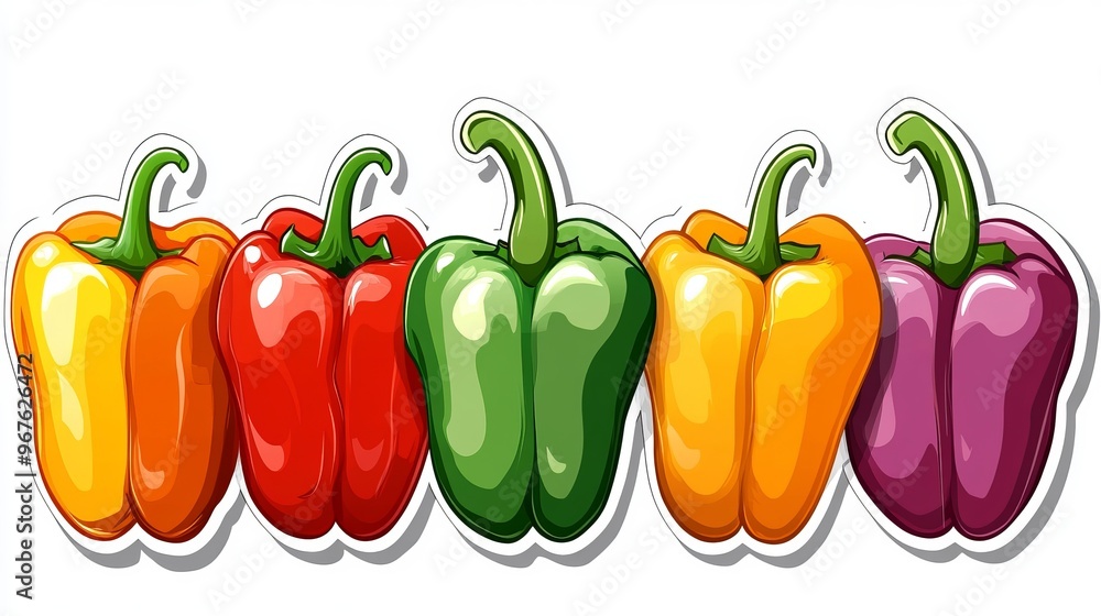 A polished sticker-style design of a variety of colorful peppers, including bell peppers, jalapenos, and cayenne, each with a glossy, high-end look, isolated on a white background A polished sticker-style design of a variety of colorful peppers, including bell peppers, jalapenos, and cayenne, each with a glossy, high-end look, isolated on a white background