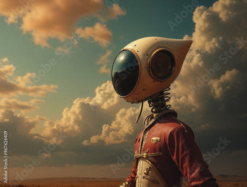 A solitary robotic figure stands in a vast, open terrain, gazing thoughtfully at the dramatic clouds overhead, evoking a sense of wonder and curiosity at dusk