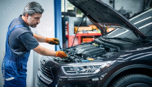 Car mechanic repairing a car in auto repair shop. Generated image