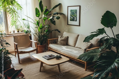 Minimalist Scandinavian living room with neutral tones, wooden furniture, and lush green plants, clean and cozy studio setup